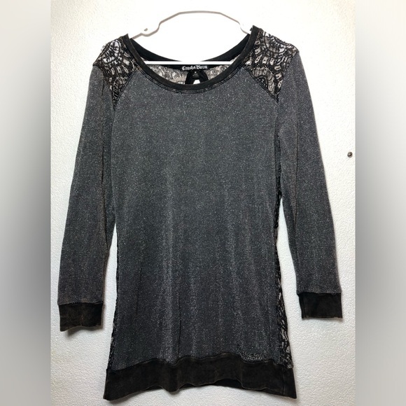 Crash & Burn Tops - Crash & Burn Shimmering Charcoal Blouse with Lace Accents